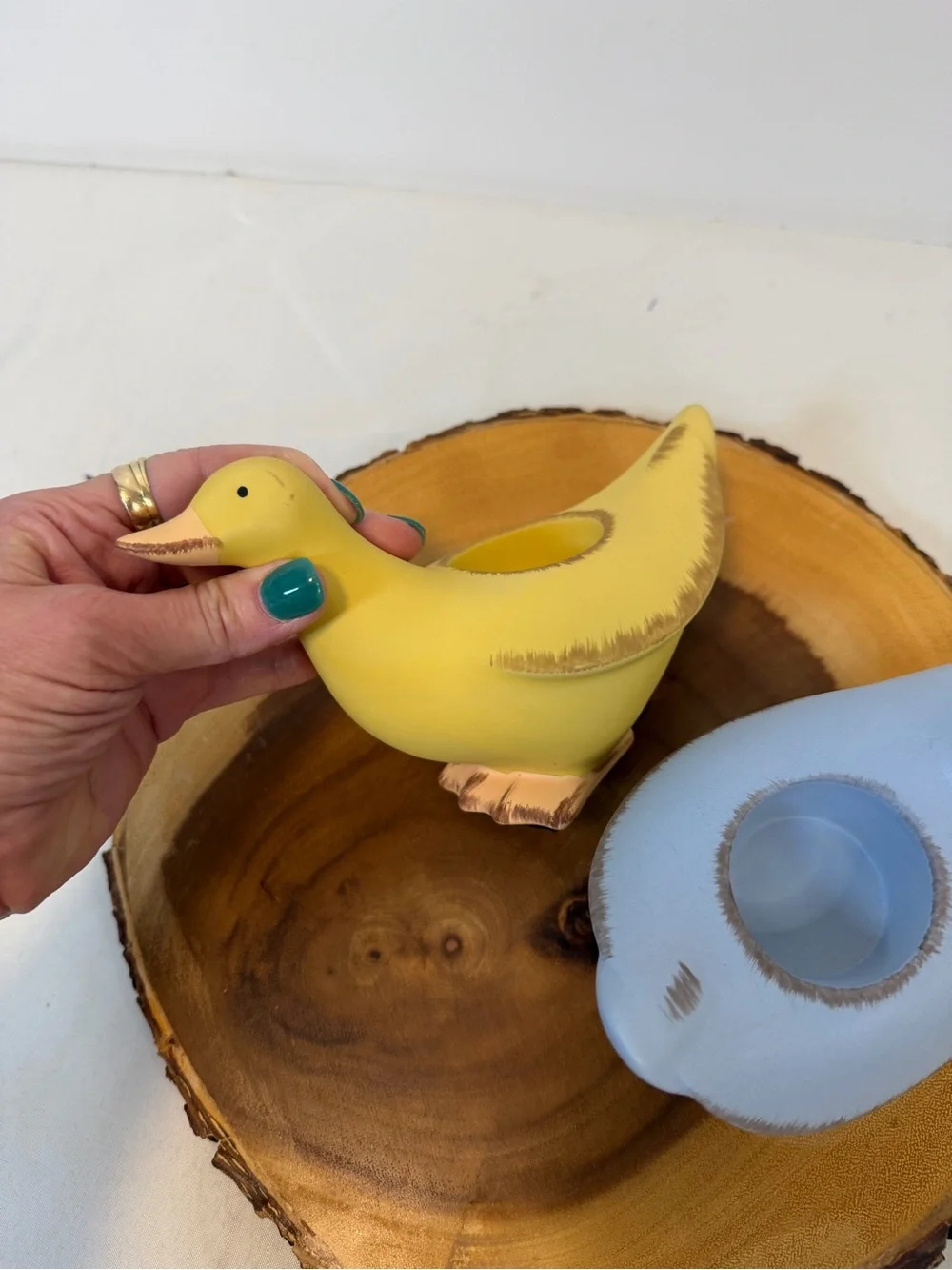 Party Lite Pair Ceramic Duck Tea light Candle Holders‎ Pastel Yellow and Blue